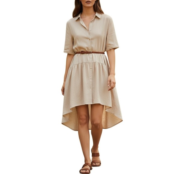 Rhea Costa Dresses & Skirts - NWT RHEA Tan Tiered Babydoll Mini Dress L/XL Oversized Boho Viscose Short Sleeve